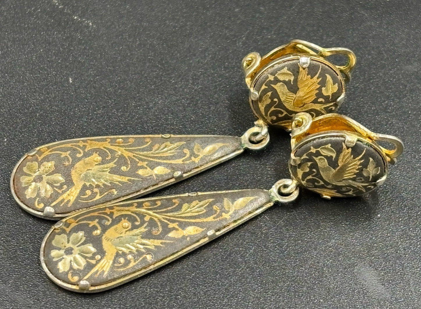 1970s spanish damascene gold and black floral bird dangle clip on earrings