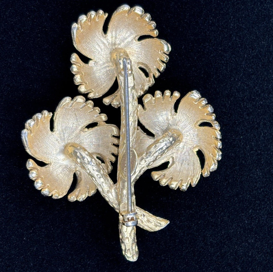 Vintage Kramer Signed Floral Rhinestone Brooch Gold Tone Spray Bouquet