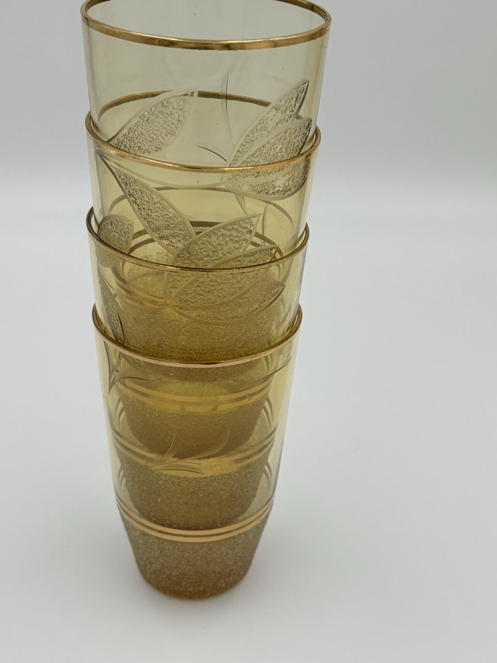 Vintage Amber Glass Pitcher & 4 Tumblers Gold Leaf Etched MCM Barware Set