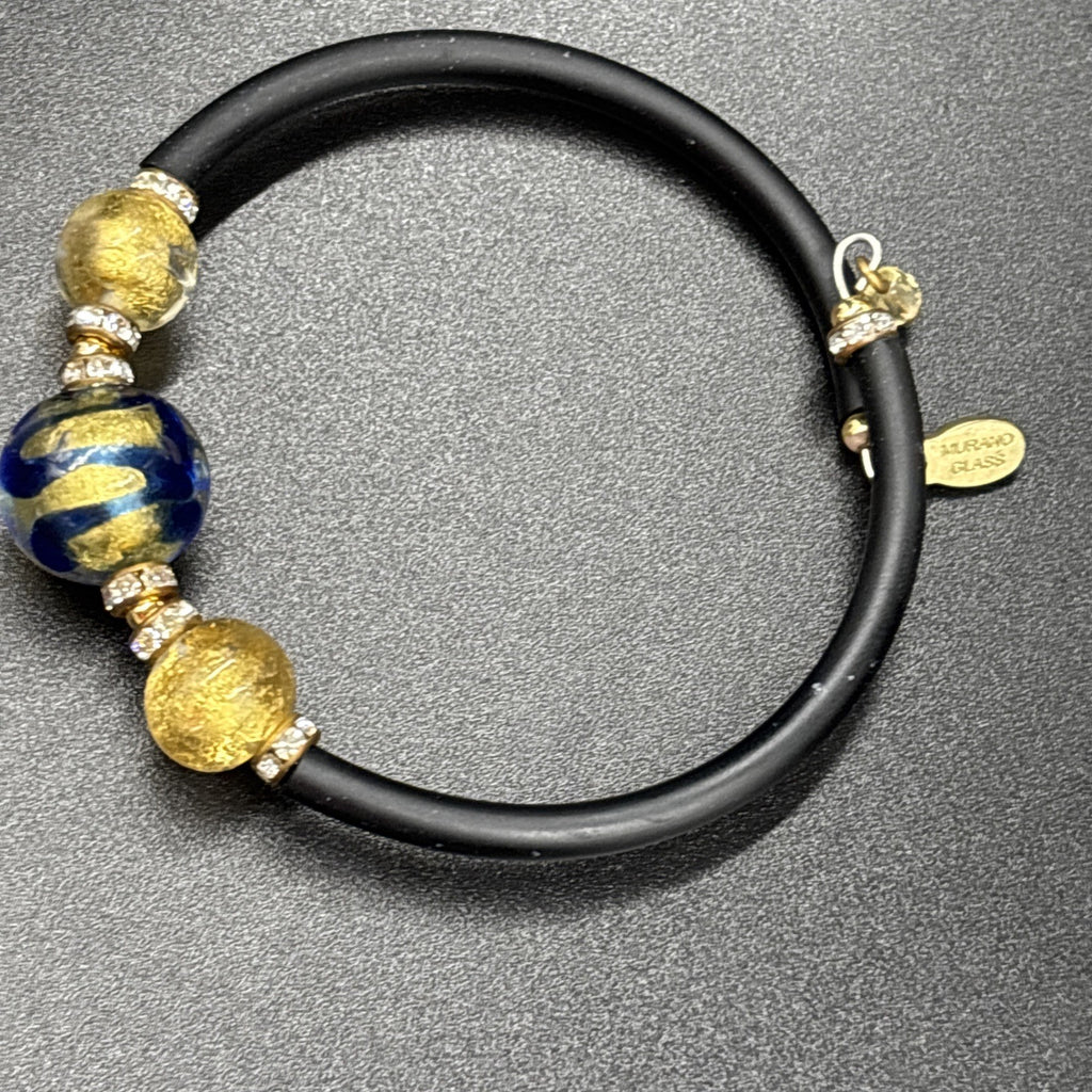 Vintage Murano Glass Bracelet Italy Blue Gold Beads with Rhinestone Accents