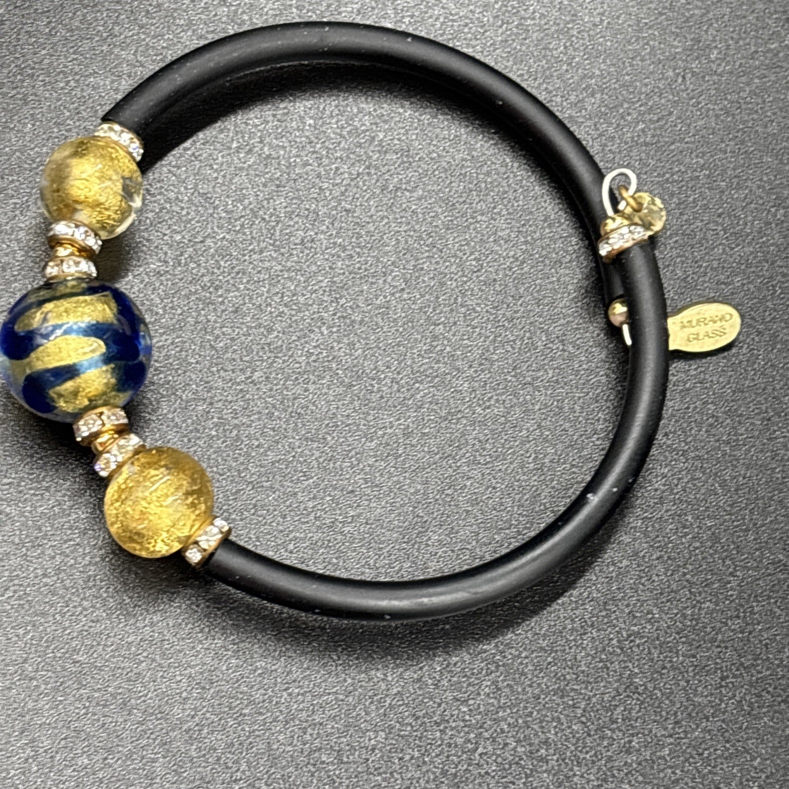 Vintage Murano Glass Bracelet Italy Blue Gold Beads with Rhinestone Accents