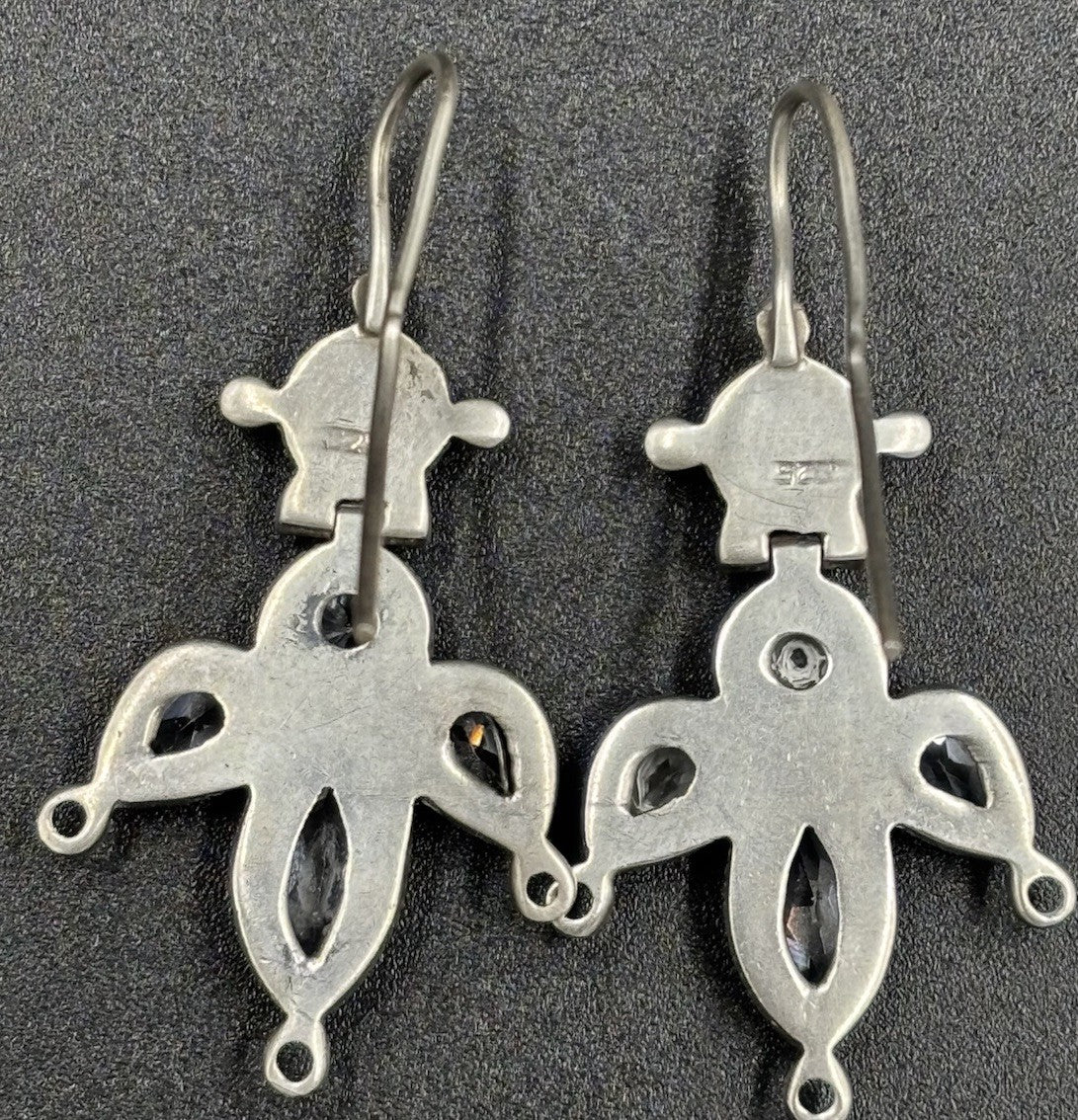 Antique Sterling Silver Crystal Drop Earrings Ornate Bezel Set 925 Design