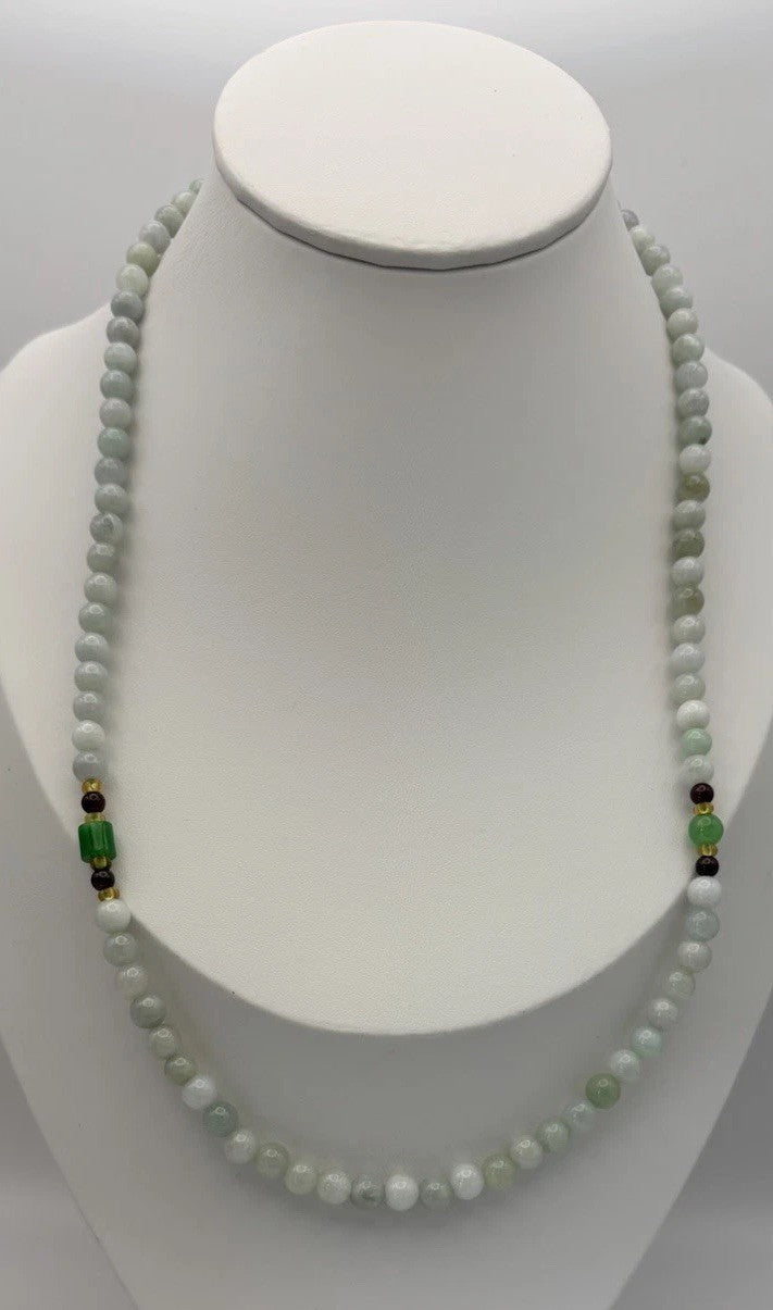 Vintage Natural Jadeite Bead Necklace Pale Green White Lavender Gemstone Strand
