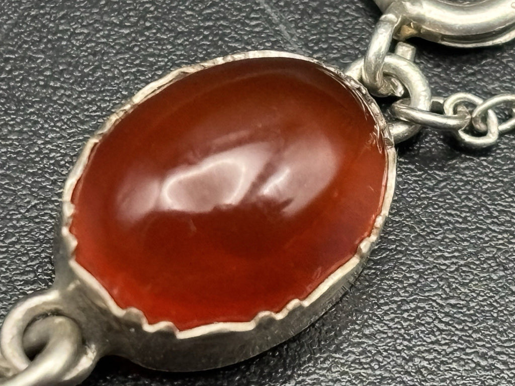 Vintage Sterling Silver Red Carnelian Cabochon Bracelet Link Safety Chain