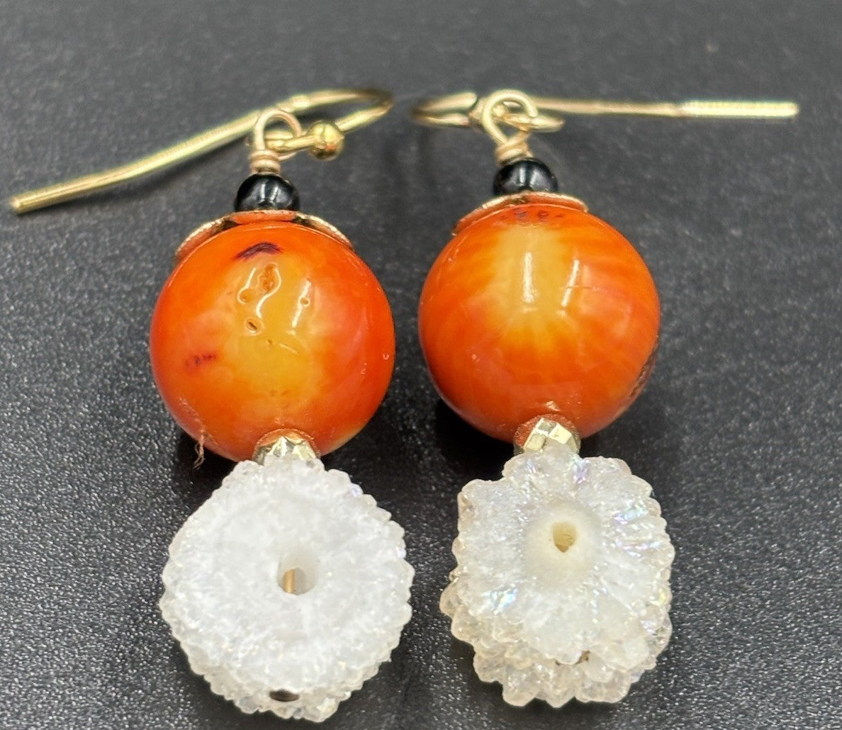 Orange Spiny Oyster & White Druzy Quartz Earrings Artisan Boho Jewelry”