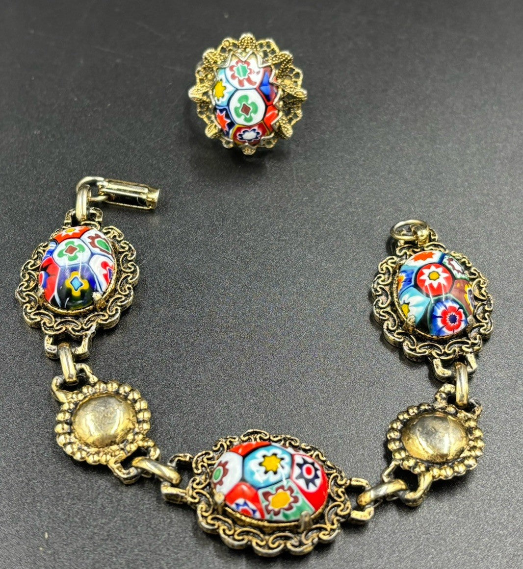 Vintage Murano Millefiori Glass Bracelet Set w/ Matching Ring Italian Mosaic