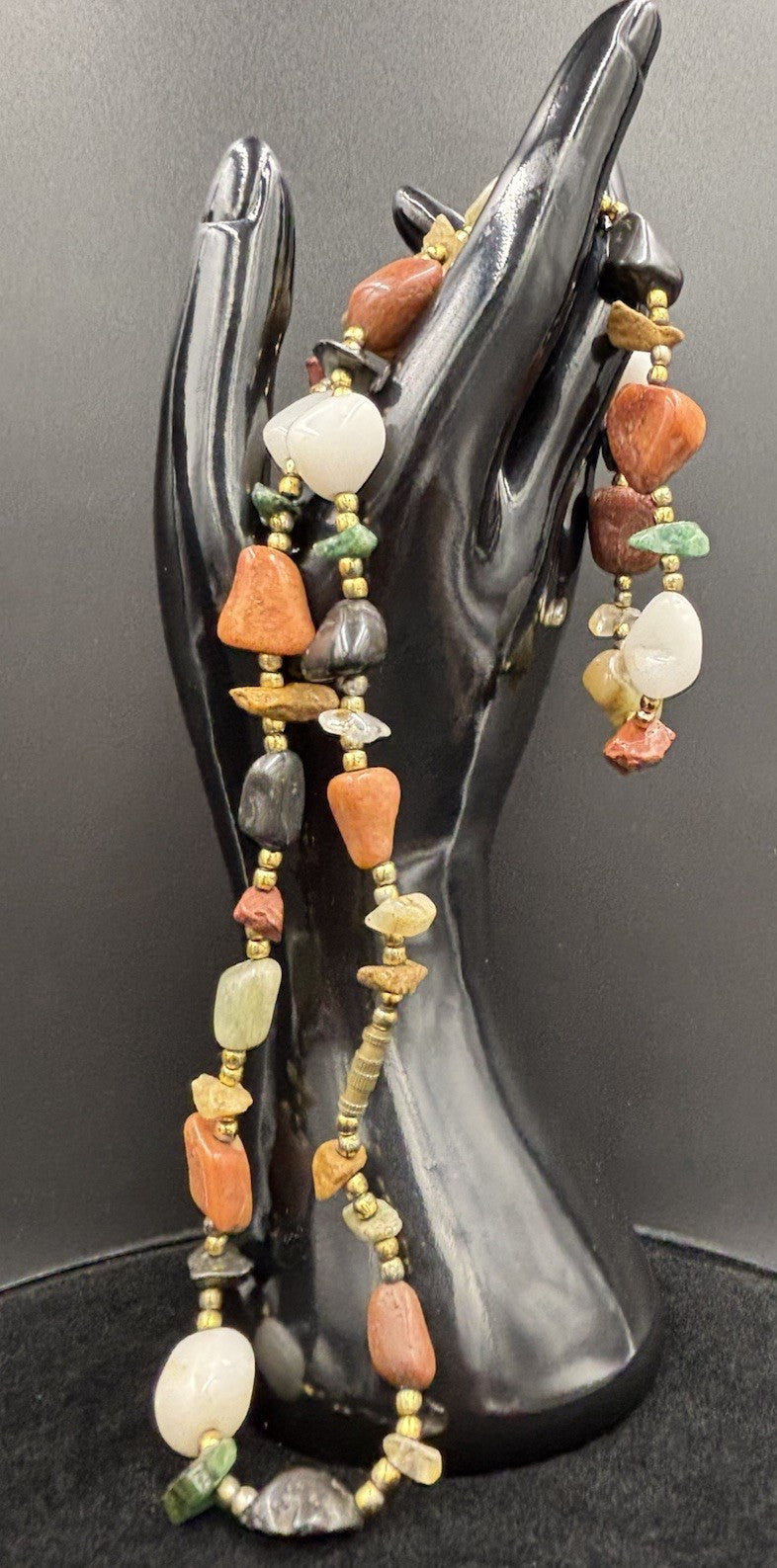 Vintage Gemstone Nugget Bead Necklace Quartz Jasper Agate Aventurine 70s Boho