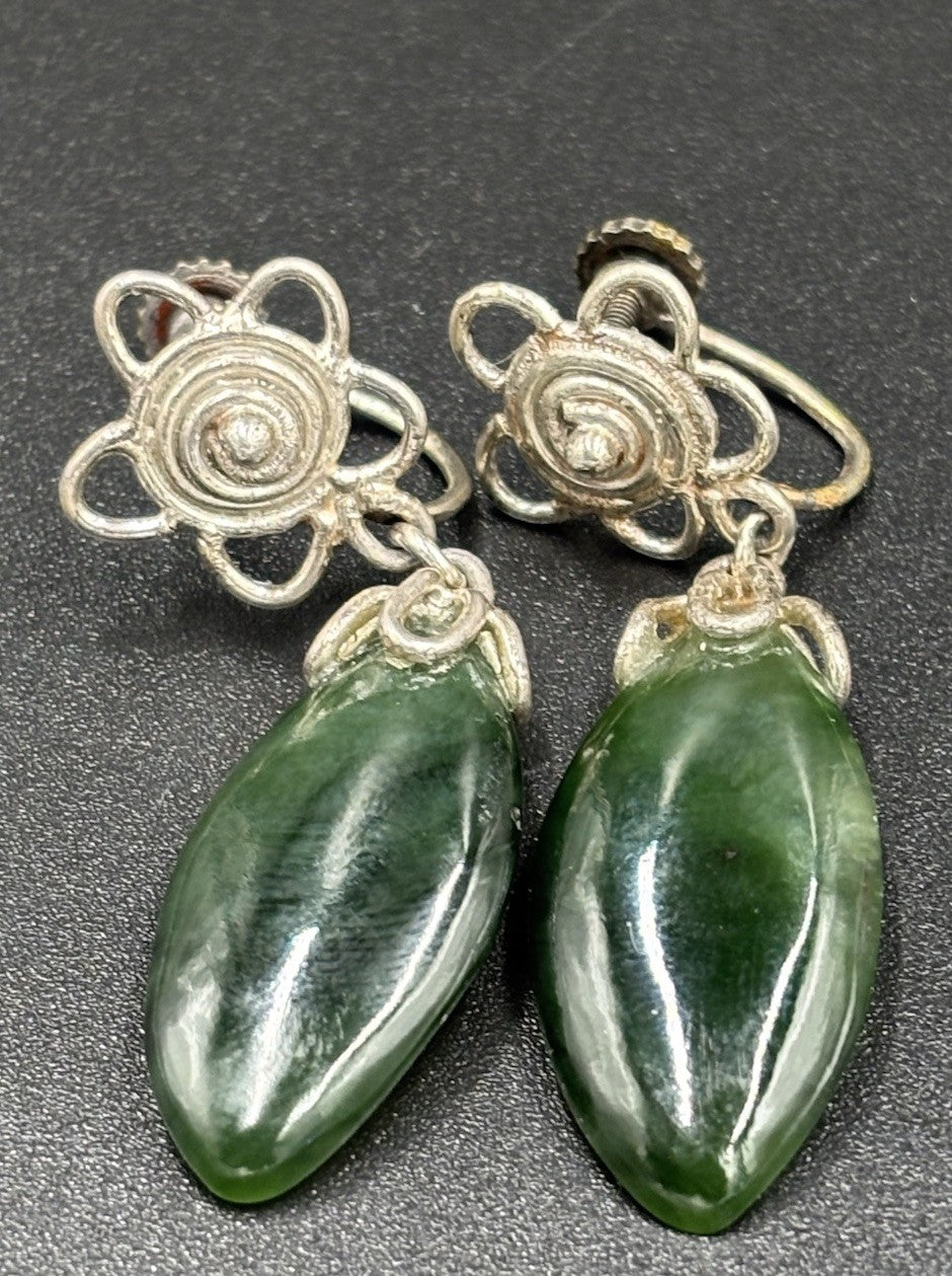 Vintage Silver Nephrite Jade Earrings Screw Back Floral Drop Jewelry 1950s