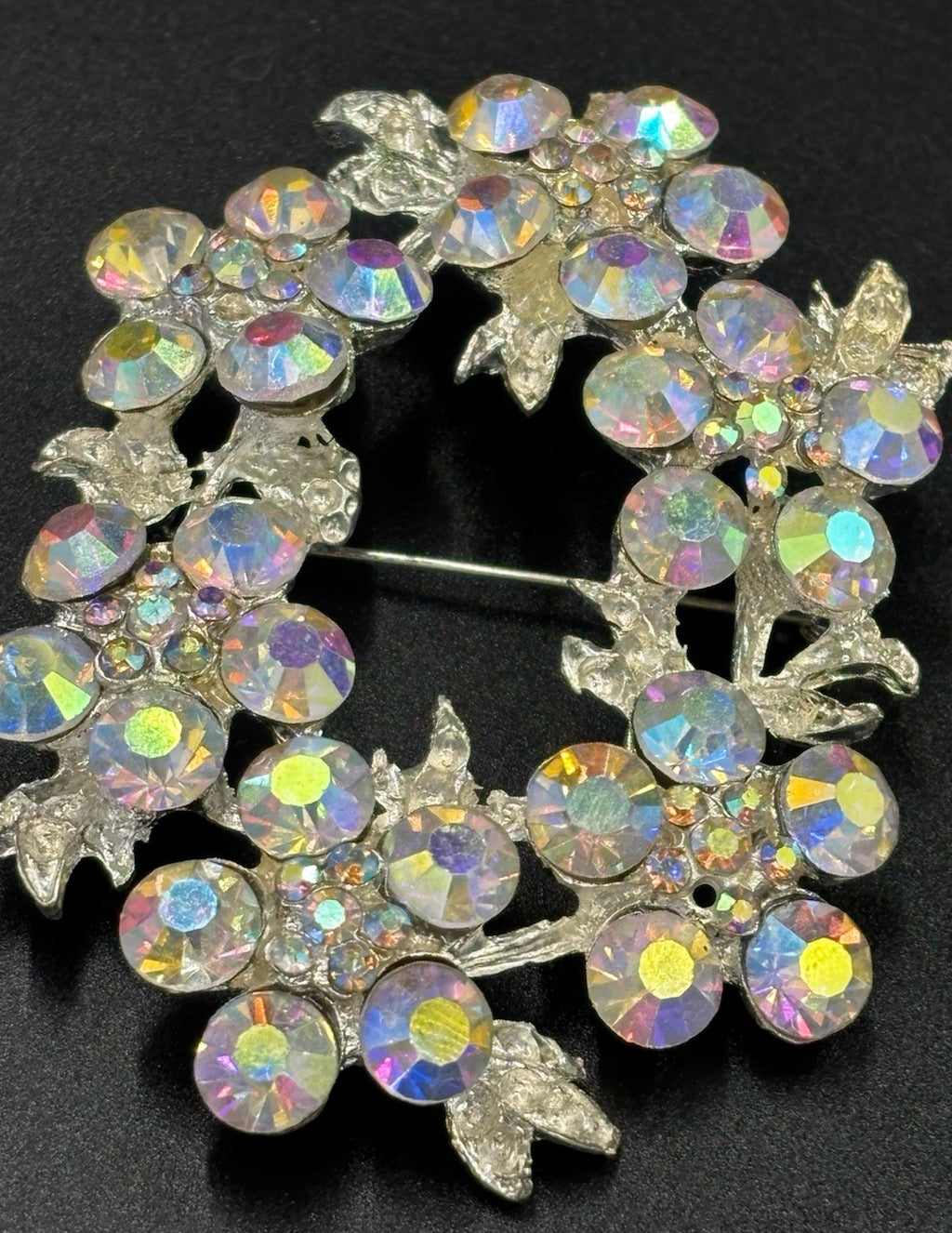 Vintage AB Rhinestone Wreath Brooch Silver Tone 1950s Mid Century Jewelry