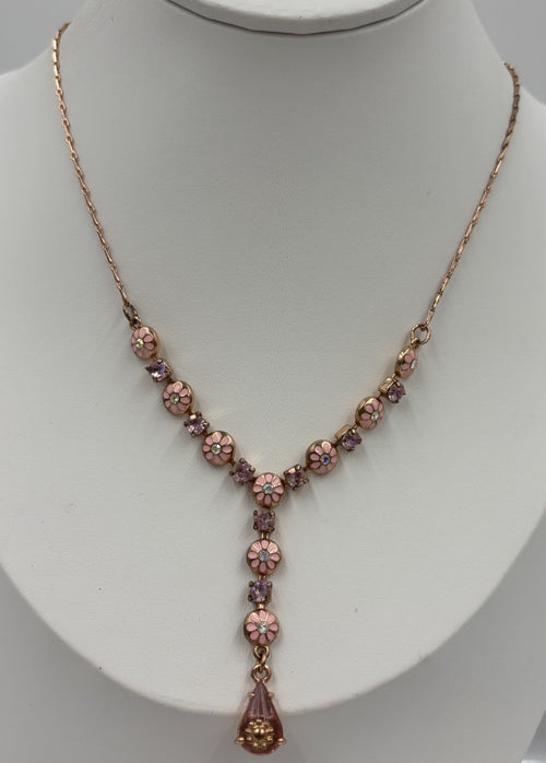 Avon Pink Enamel Daisy Y Drop Necklace Rose Gold Tone Rhinestone Vintage Signed