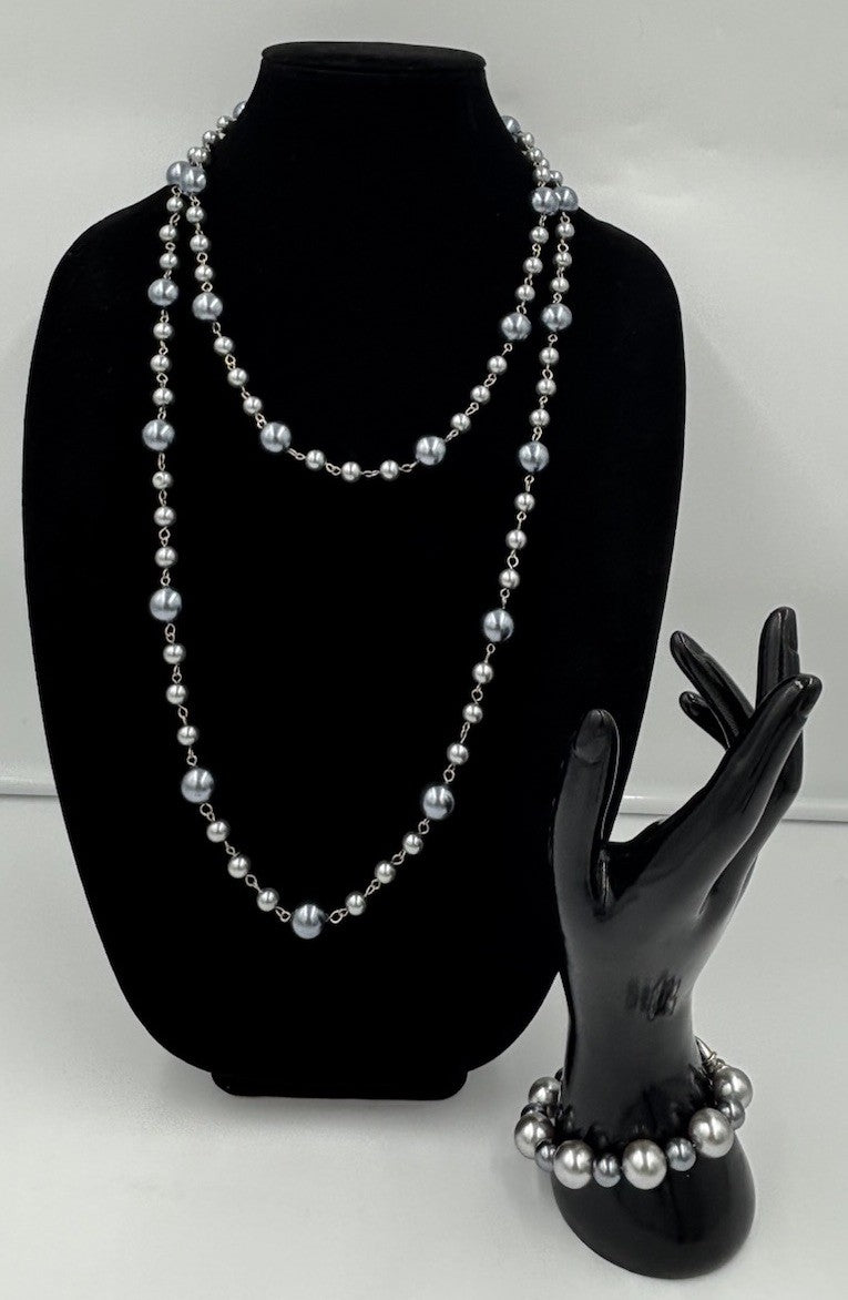Vintage Silver Grey Faux Pearl Long Necklace Bracelet Set Statement
