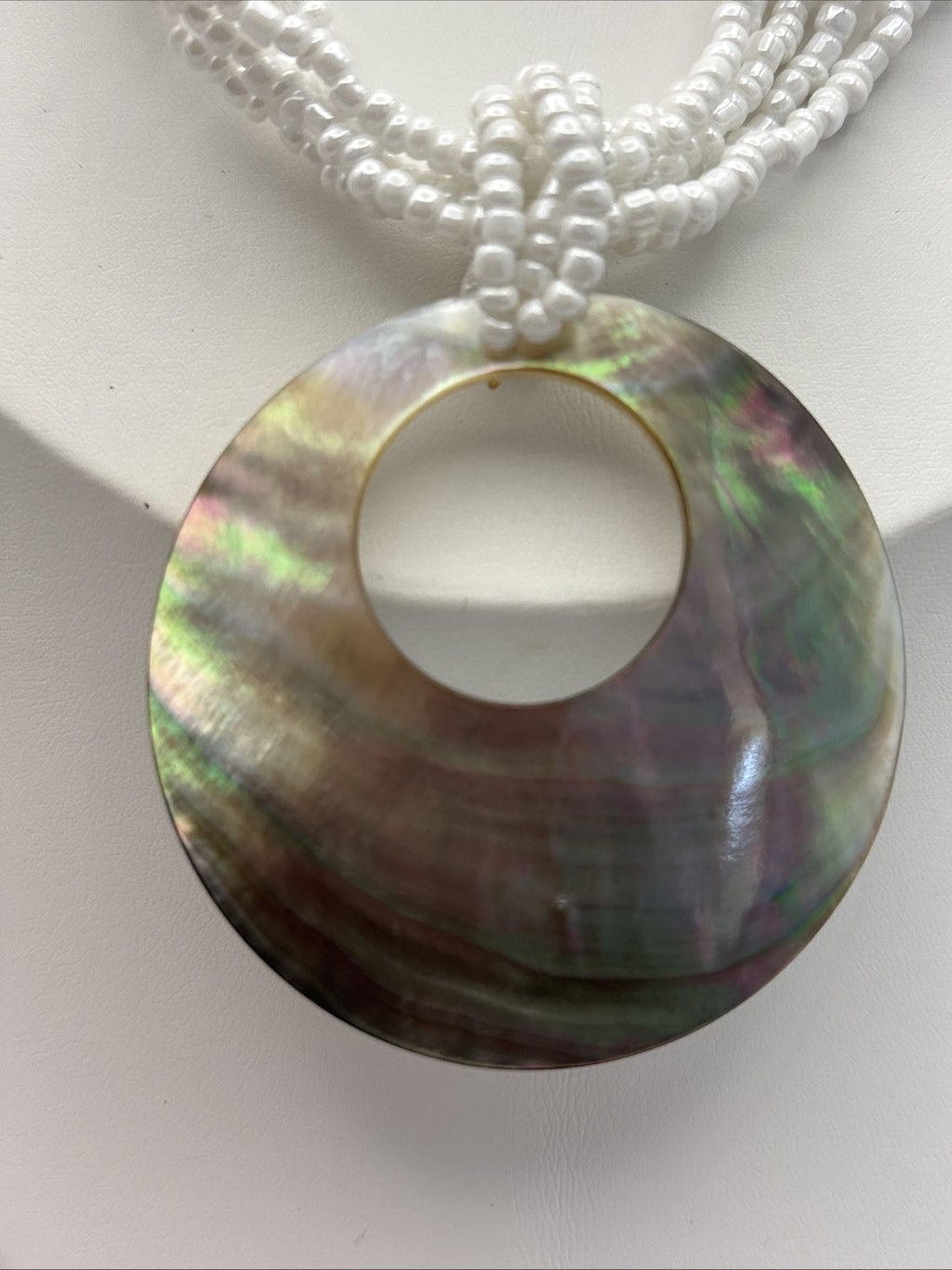 Vintage Mother of Pearl Shell Pendant Necklace Multi Strand White Seed Beads