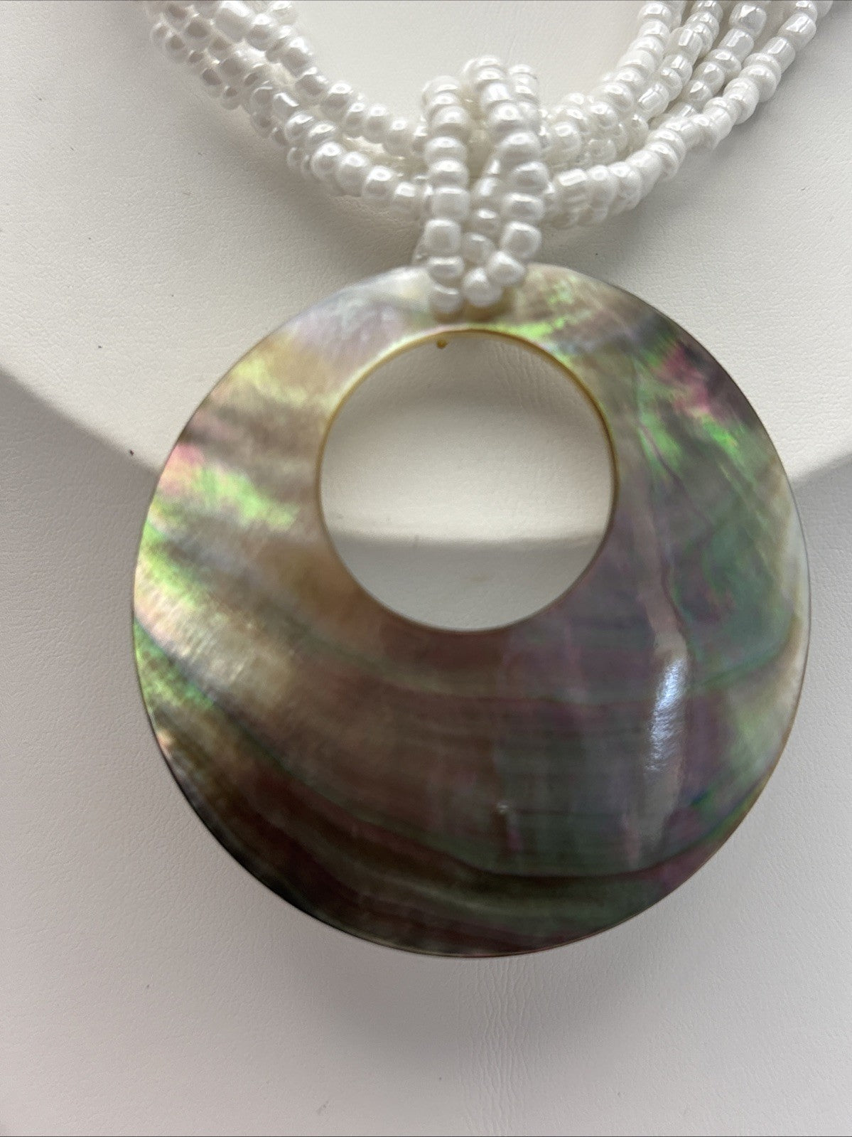 Vintage Mother of Pearl Shell Pendant Necklace Multi Strand White Seed Beads