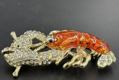 Danecraft Lobster Brooch Orange Enamel Pave Crystal Vintage Sea Life Pin