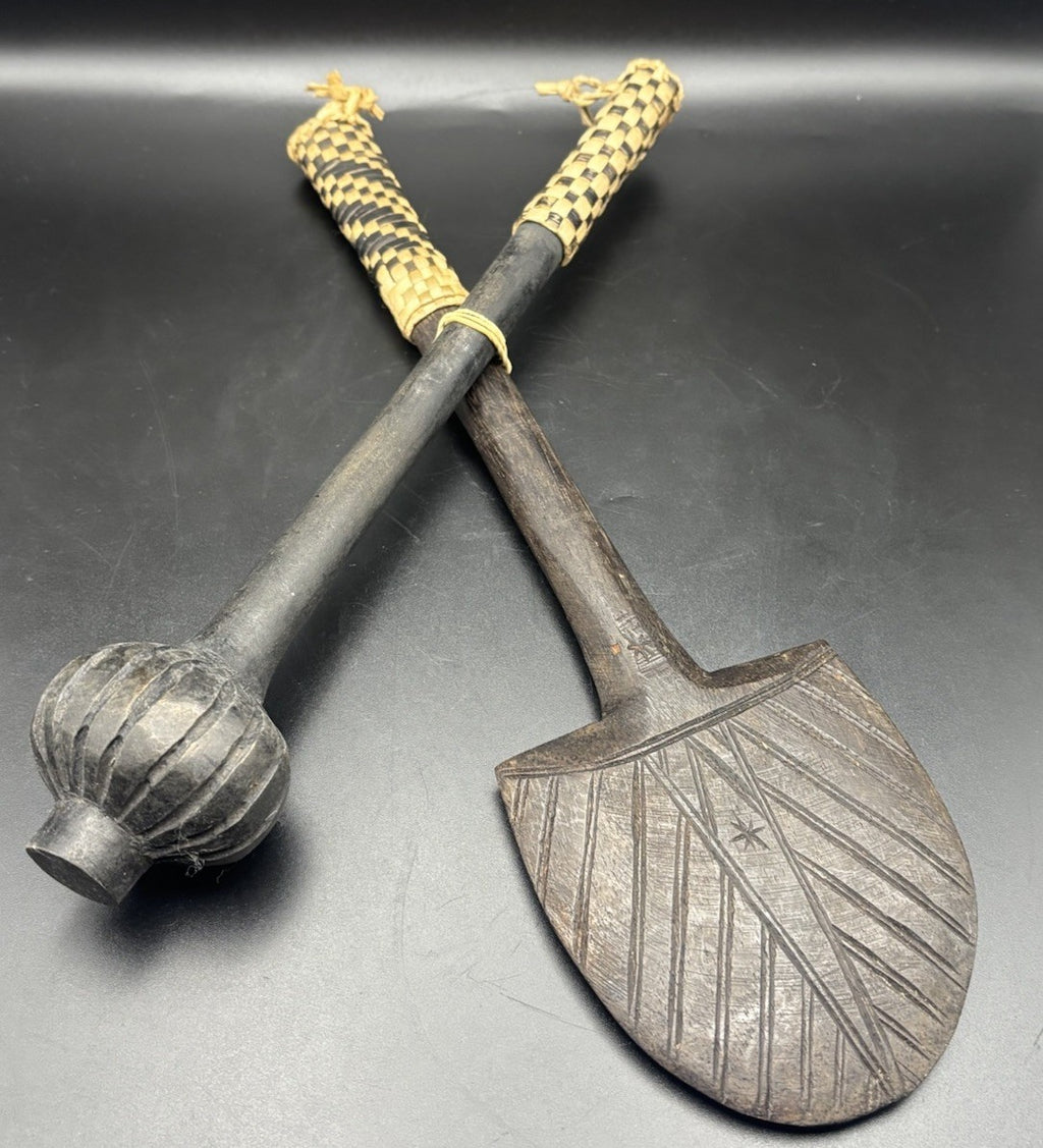 Vintage Hand Carved Wooden Oceanic Utensil Set Spoon Masher Woven Handle