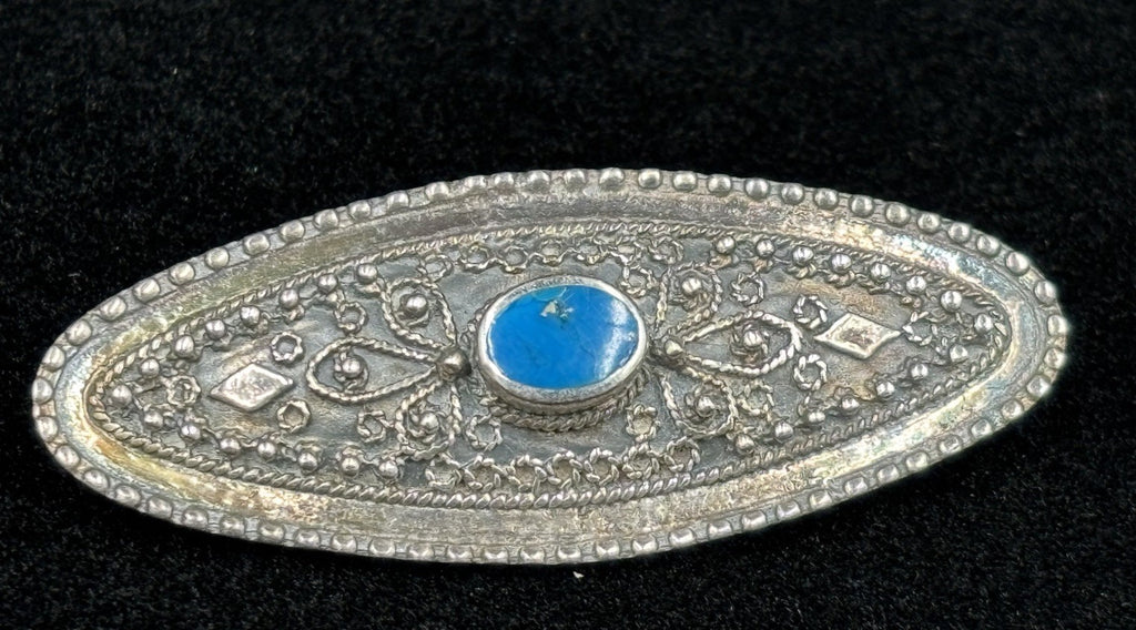 Antique 1920s Sterling Silver Turquoise Filigree Brooch Pin