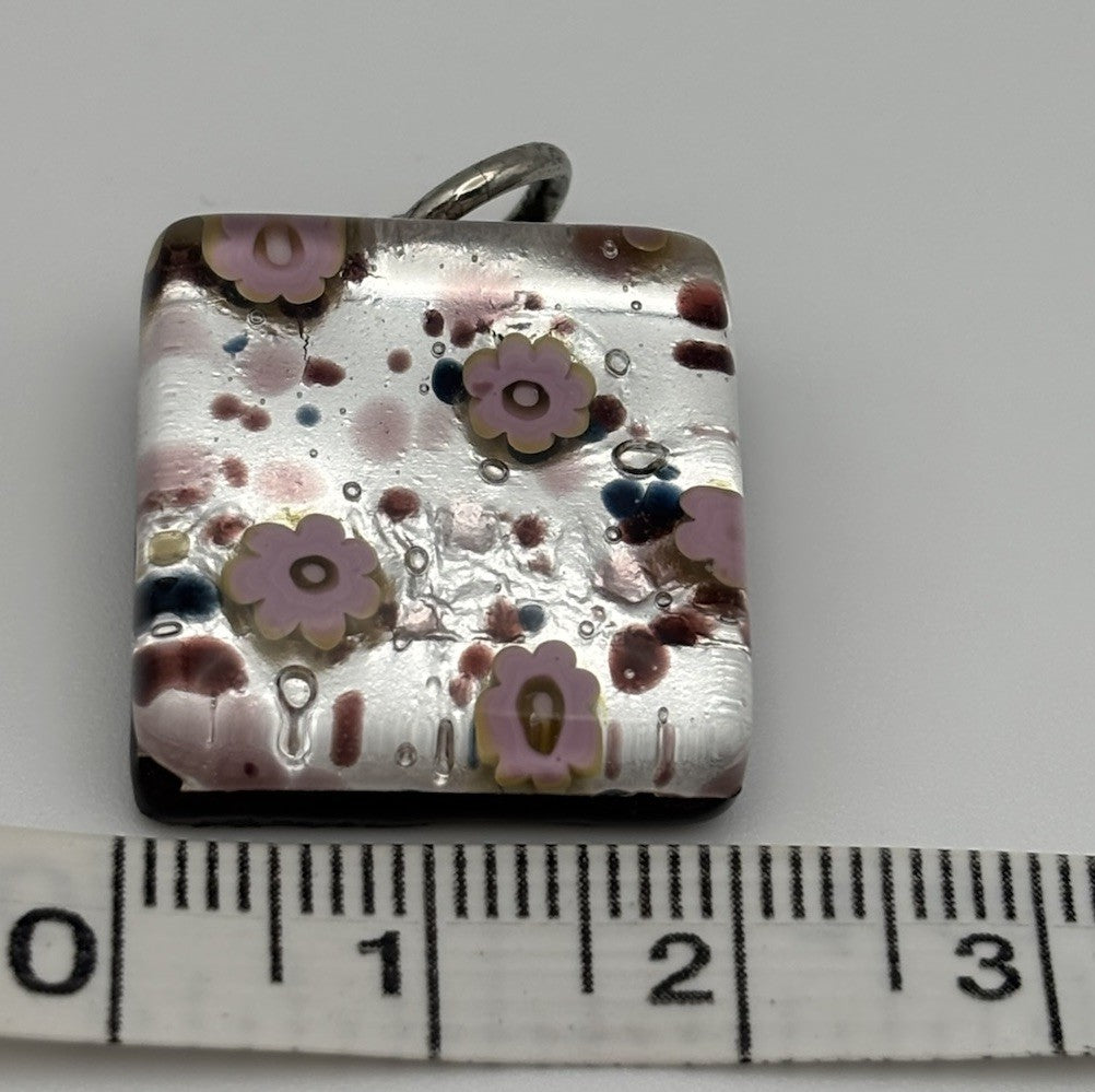 Murano Glass Pendant Millefiori Pink Floral Silver Foil Italy 2cm