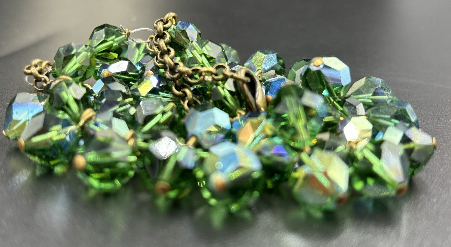 Vintage 1950s Aurora Borealis Green Crystal Bib Necklace & Earrings Set