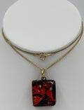 Vintage Murano Style Red Black Art Glass Pendant Necklace Gold Tone Chain