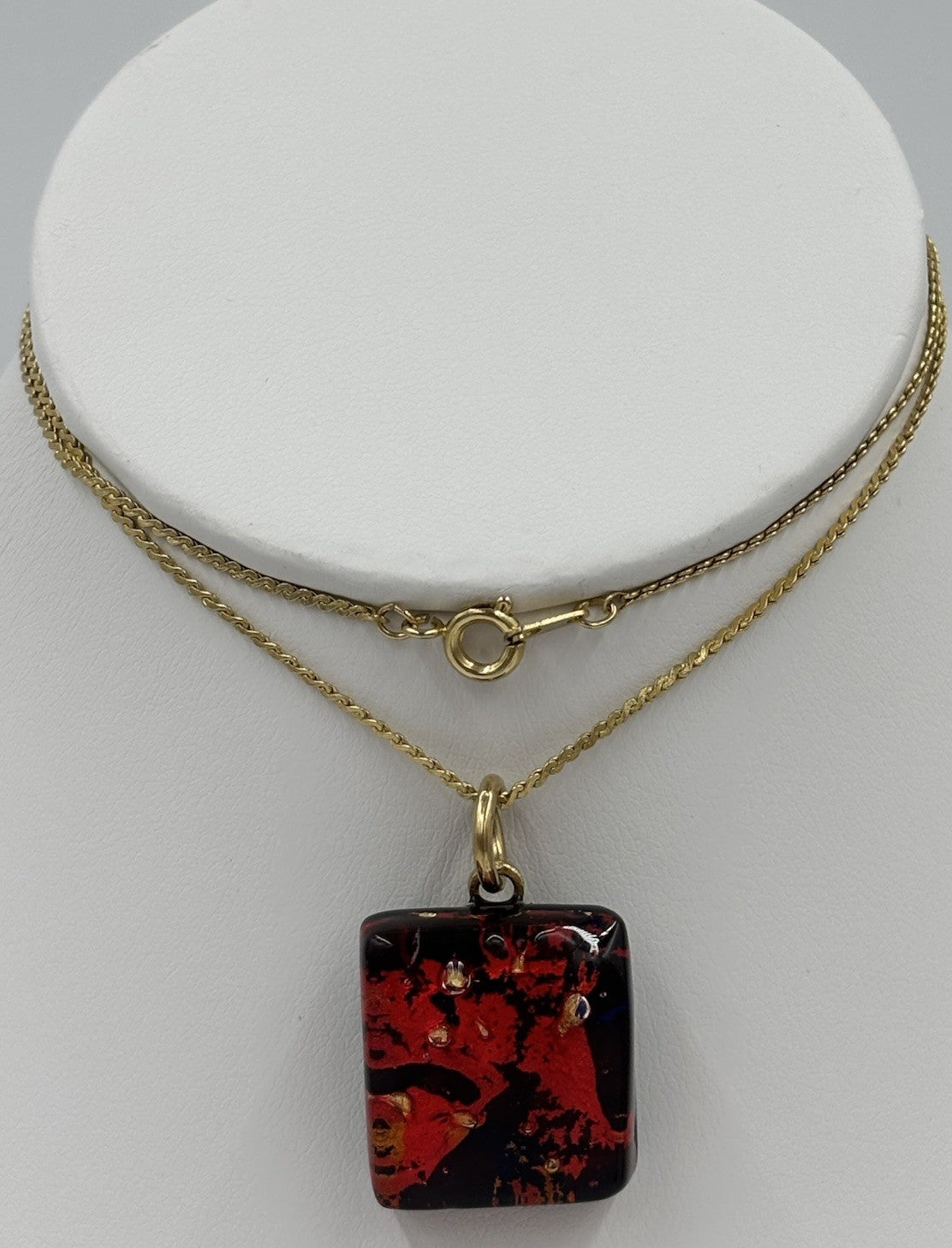 Vintage Murano Style Red Black Art Glass Pendant Necklace Gold Tone Chain