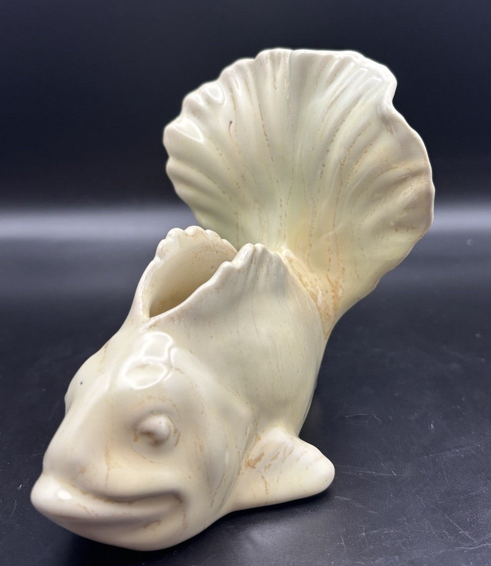 Vintage Ceramic Fish Vase Planter Cream Glazed Coastal Nautical Decor