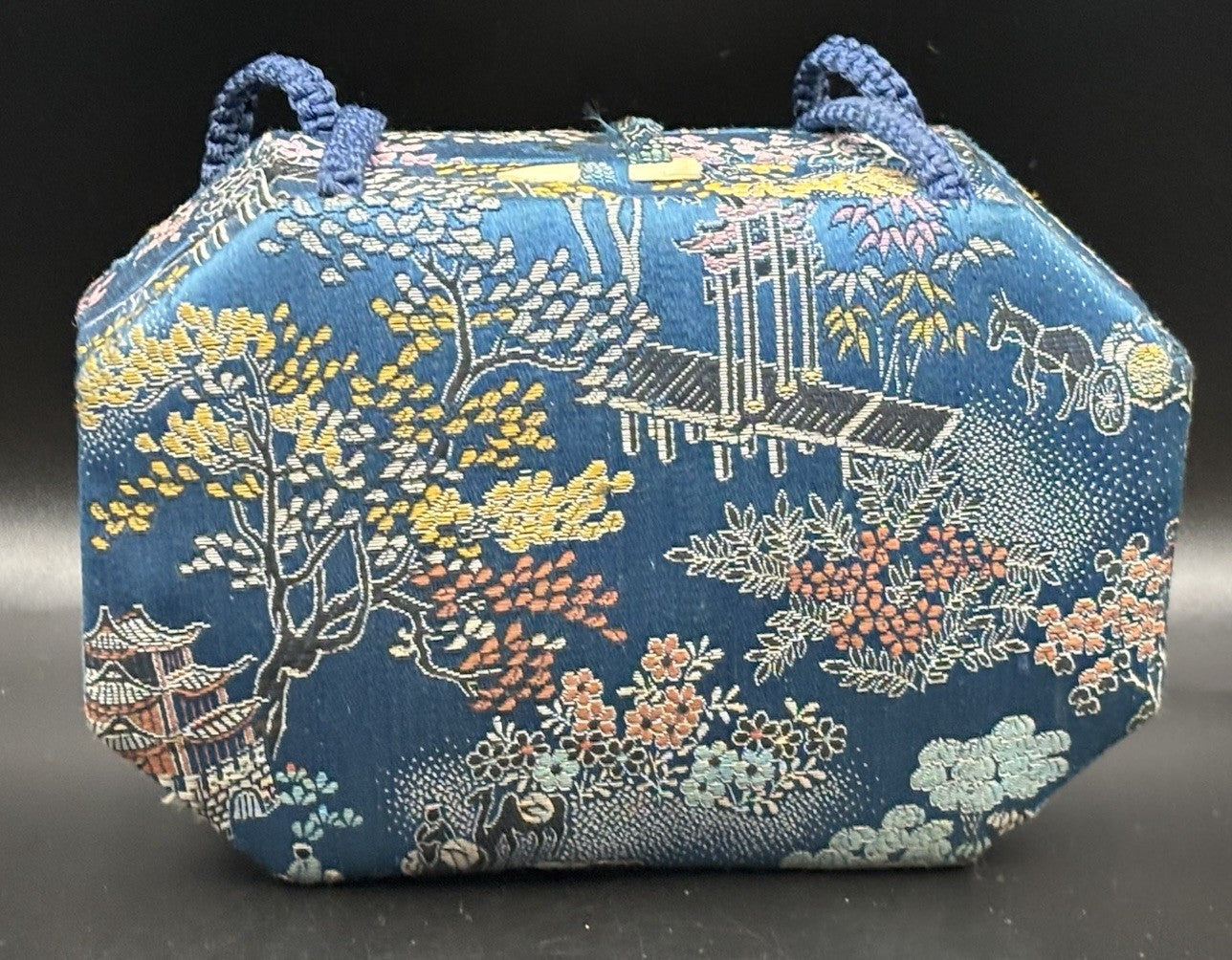 Vintage Chinese Silk Brocade Vanity Box Purse Mirror Case Scenic Motif Blue
