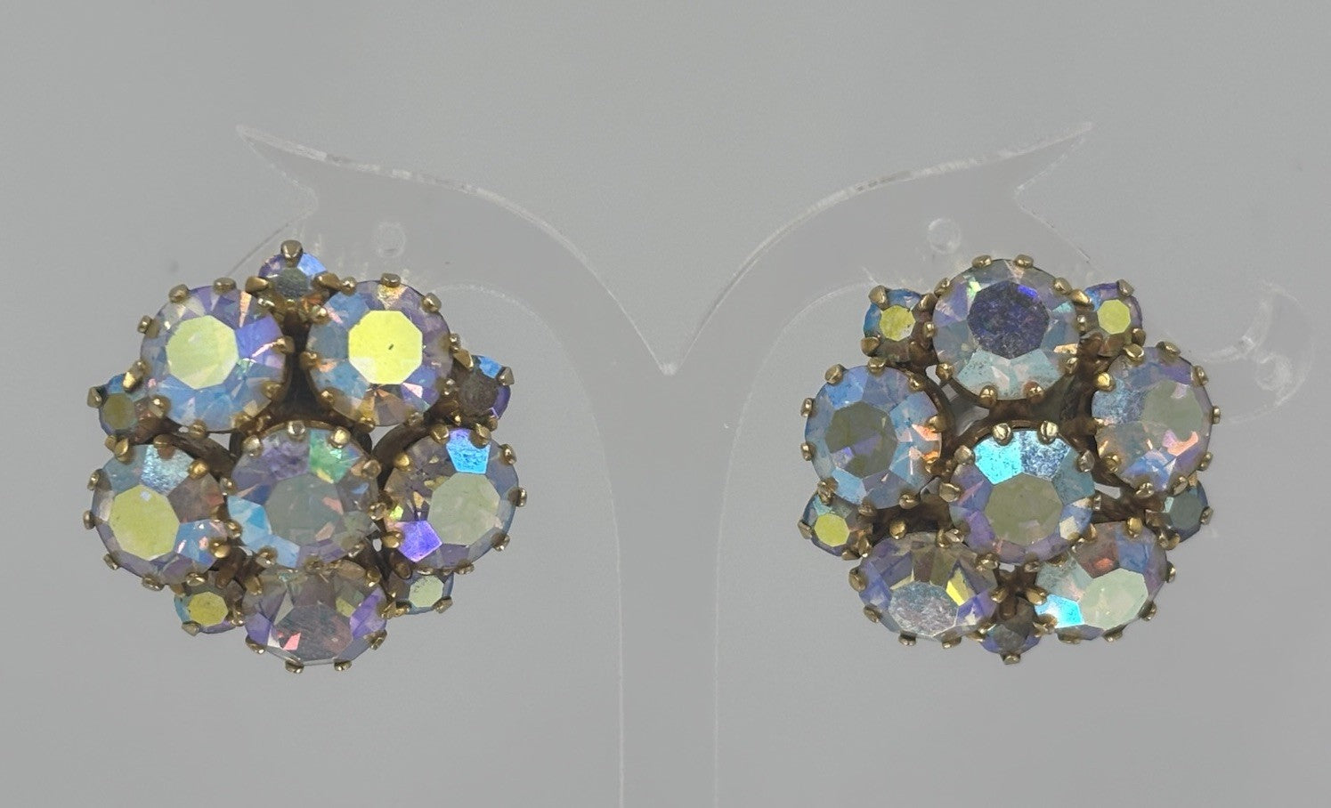 Vintage Aurora Borealis Cluster Clip-On Earrings – 1950s Floral Sparkle Jewelry