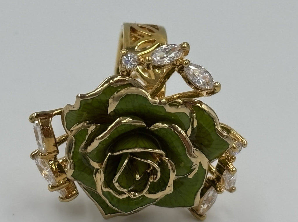 Green Enamel Rose Cocktail Ring Gold Tone Marquise Rhinestone Statement Jewelry