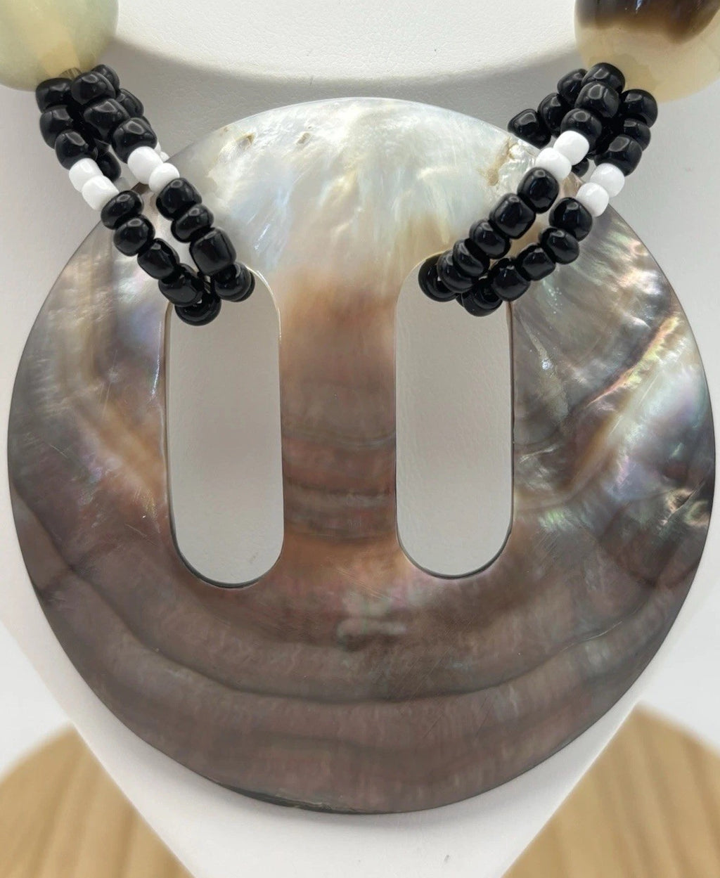 Vintage Shell Pendant Necklace Black White Beads Horn Style Tribal Jewelry