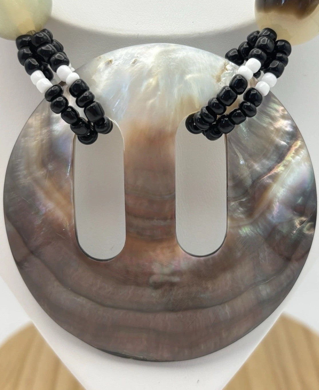 Vintage Shell Pendant Necklace Black White Beads Horn Style Tribal Jewelry