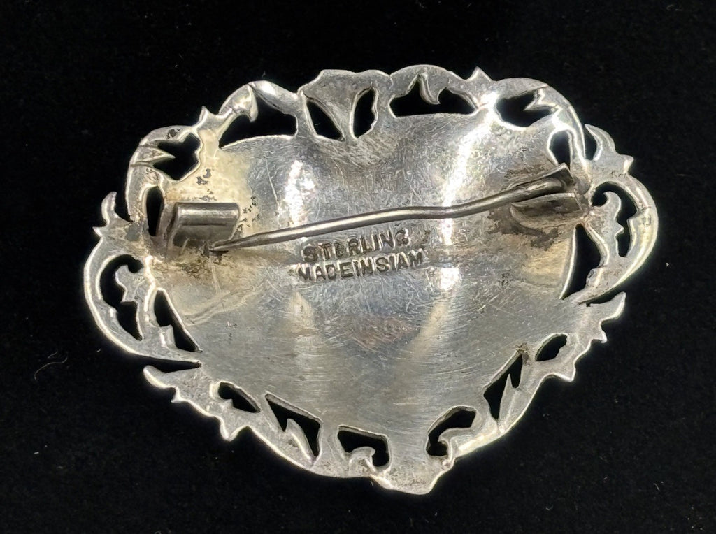 Antique Siam Sterling Silver Heart Brooch Mythological Figures 1920s