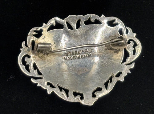 Antique Siam Sterling Silver Heart Brooch Mythological Figures 1920s