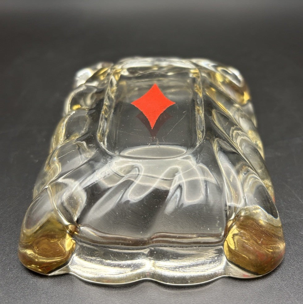 Mid Century Glass Ashtray Gold Tone Corners Red Diamond Trinket Dish