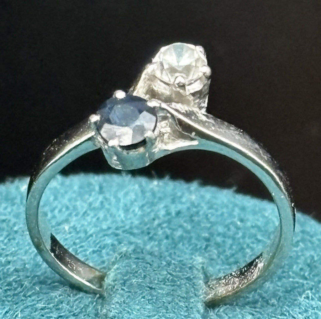 Vintage 925 Sterling Silver Blue Topaz White Spinel Toi Et Moi Ring