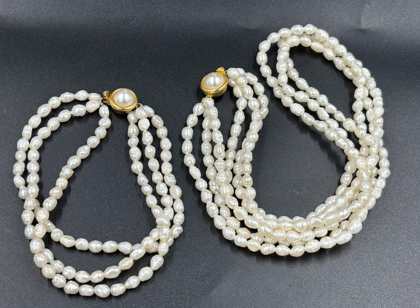 Vintage Cultured Pearl 3 Strand Necklace Bracelet Set 42cm 20cm Gold Clasp