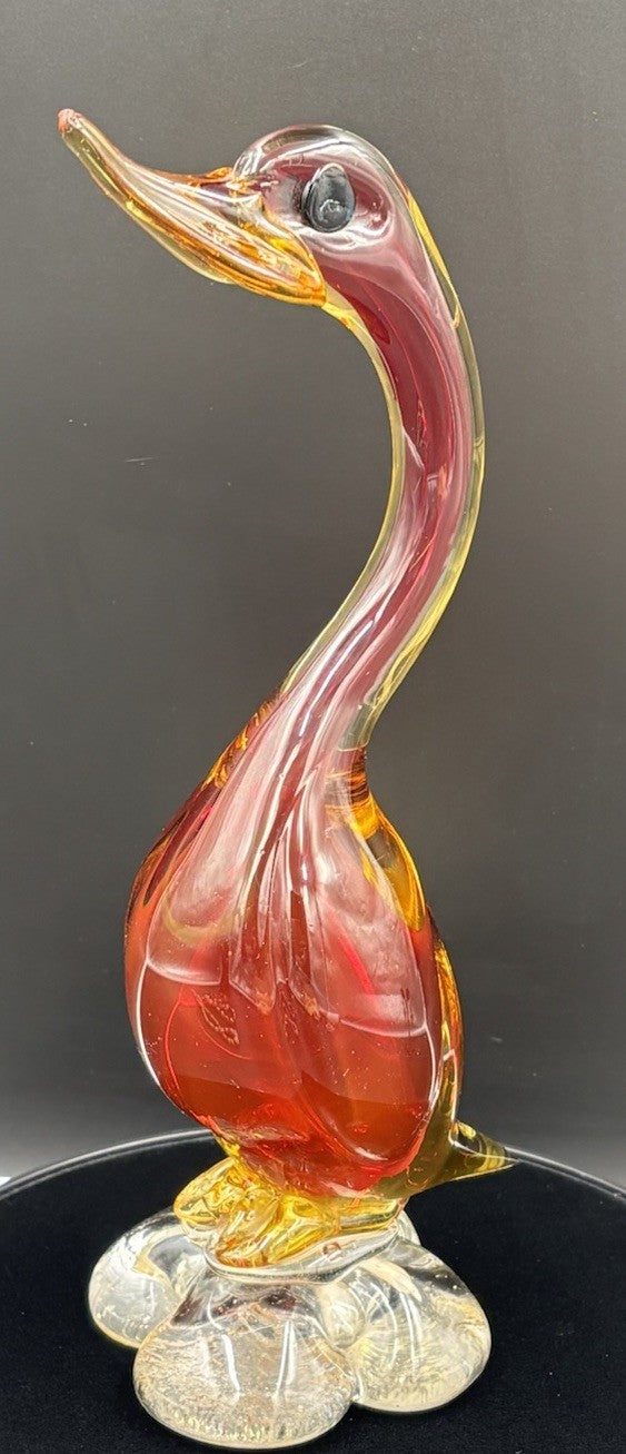 Vintage Murano Art Glass Duck Figurine Statue Red Amber & Clear 26cm In Height.