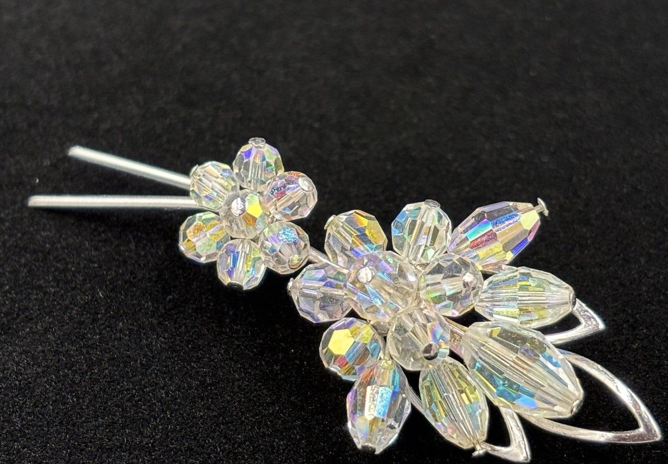 Aurora Borealis Glass Clear Crystal Brooch Flowers Gold Tone  Silver Tone
