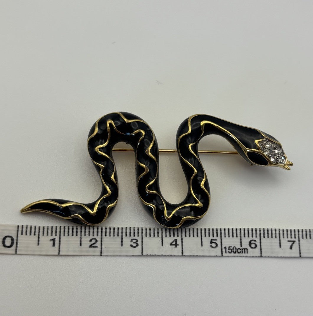 Vintage Black Enamel Snake Brooch Gold Tone Rhinestones 7cm