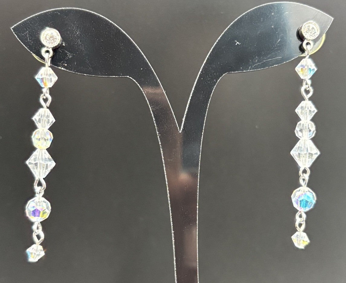 Vtg Double Strand Sparkling Aurora Borealis AB Glass Crystal Necklace & Earrings