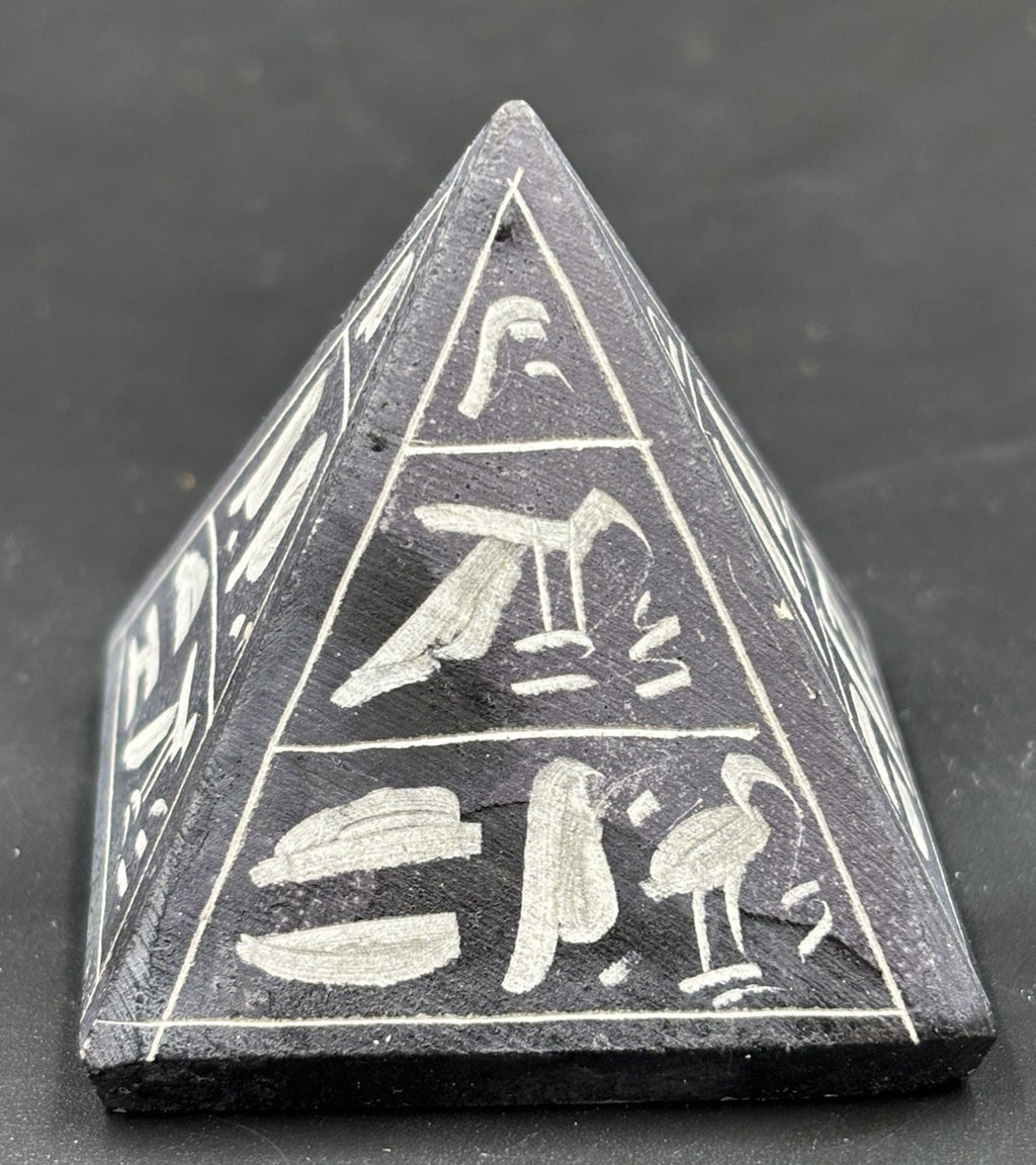 Egyptian Basalt Pyramid Hieroglyph Carved Stone Souvenir Handmade Egypt