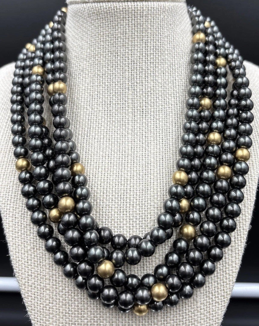Ralph Lauren Gunmetal Gold Multi Strand Beaded Statement Necklace Toggle Clasp