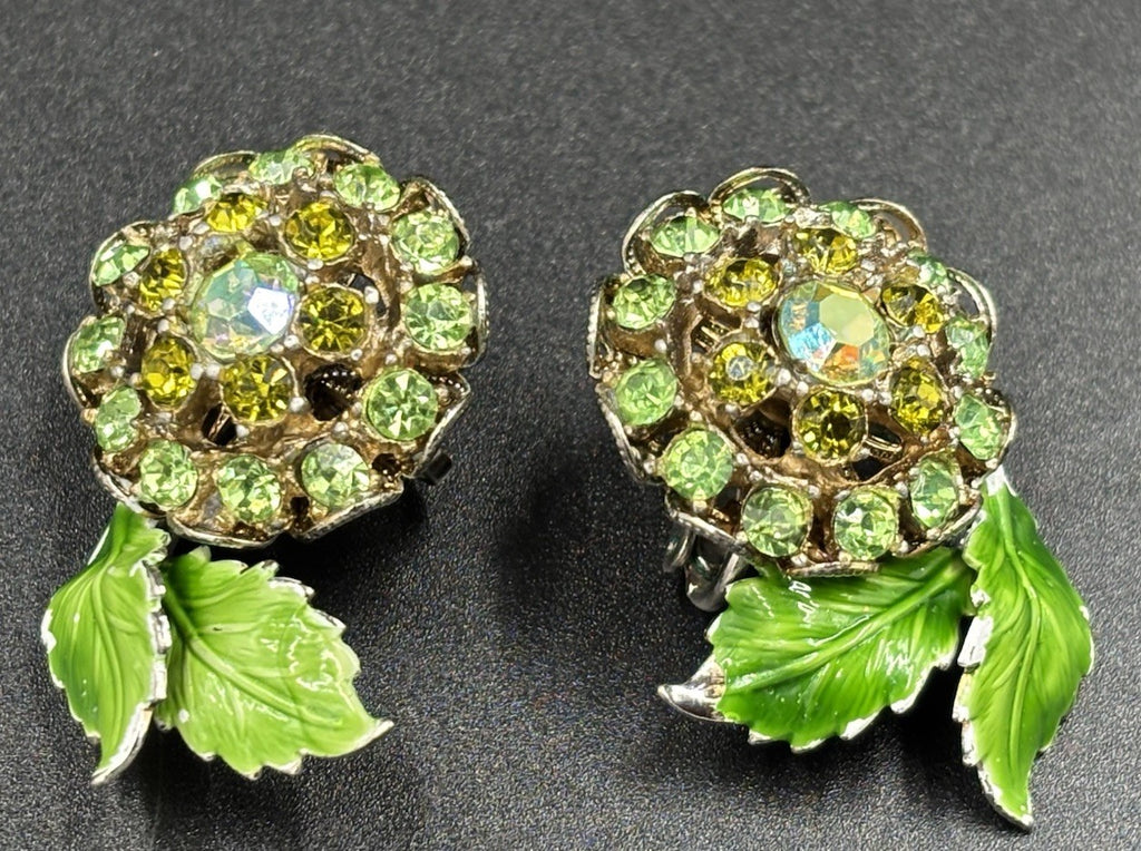 Vintage Green Rhinestone Flower Clip On Earrings Enamel Leaves Mid Century