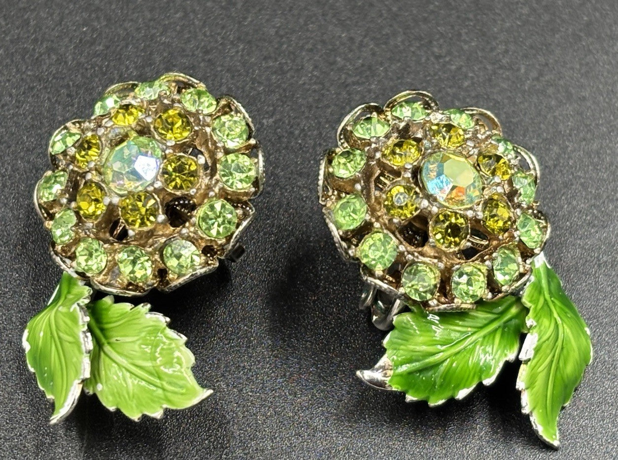 Vintage Green Rhinestone Flower Clip On Earrings Enamel Leaves Mid Century