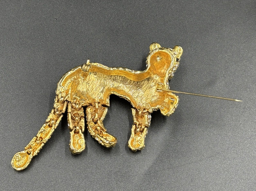 Vintage Articulated Leopard Brooch Gold Tone Rhinestone Panther