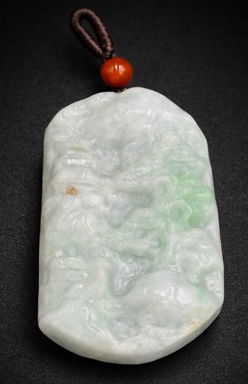 Natural jadeite jade pendant necklace translucent apple green landscape carving 43g