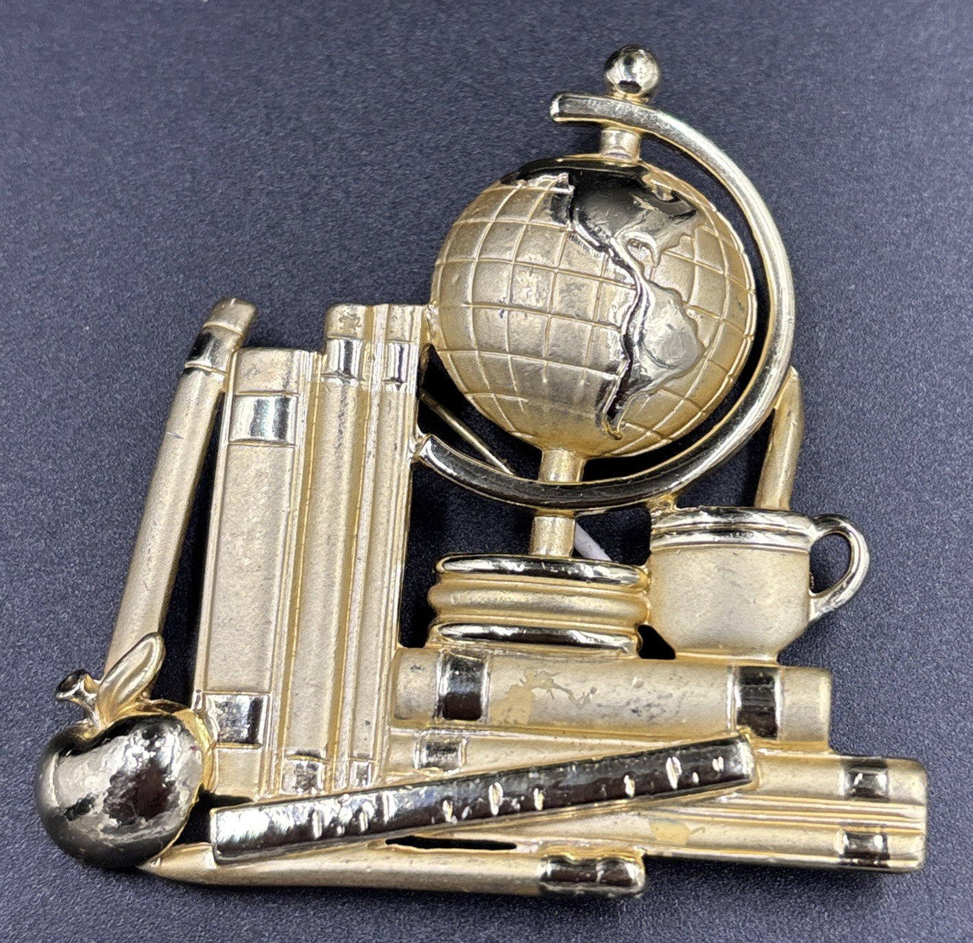 Vintage Brooch Pin Teacher Globe Apple Books Gold Tone Ajc Ruler Pencil Brooch