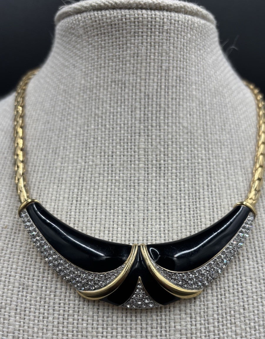 Vintage Bergdorf Goodman Gold Plated Choker Necklace Black Enamel Diamante