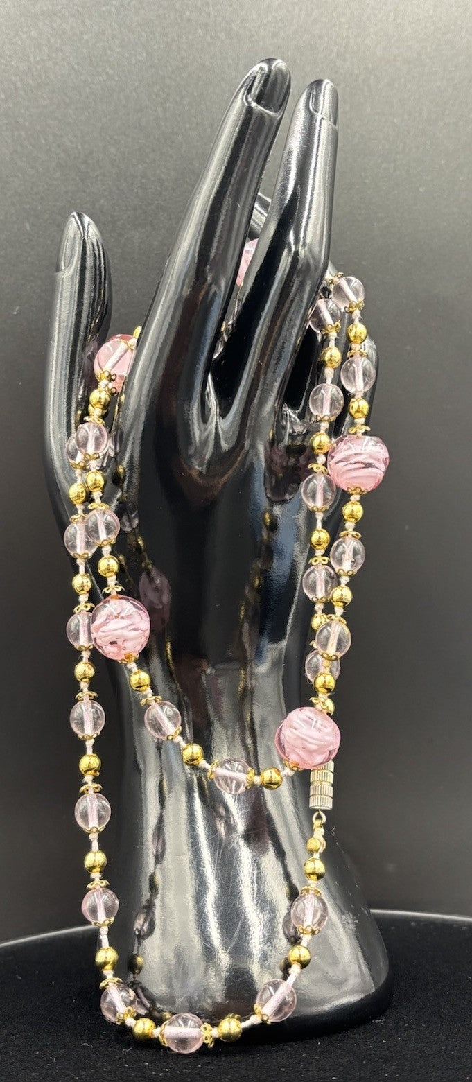 Vintage Italian Venetian Murano Glass Bead Necklace Pink & Purple Gold Lampwork