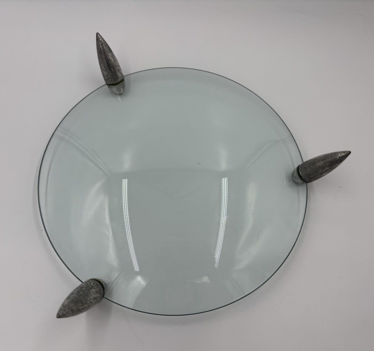 Vintage Modernist Glass Serving Tray Pewter Tone Feet Centrepiece Platter 27cm