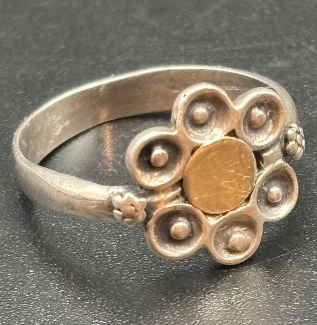 Vintage Scandinavian Sterling Silver Flower Ring Gold Accent Size L M
